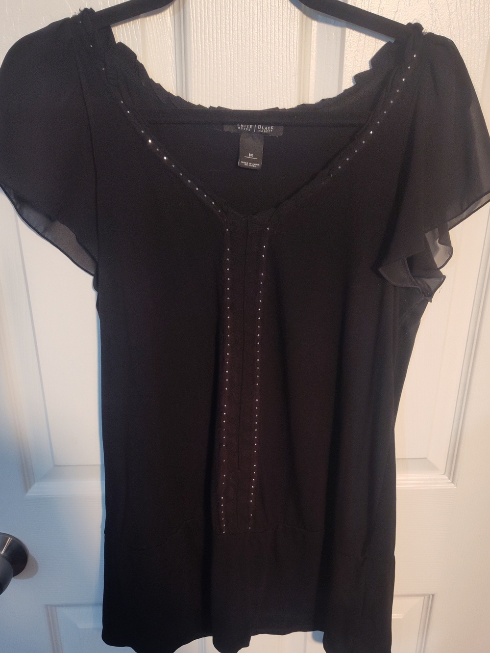 White House Black Market Black Sheer Flutter Sleeve Top with Rhinestone Detail